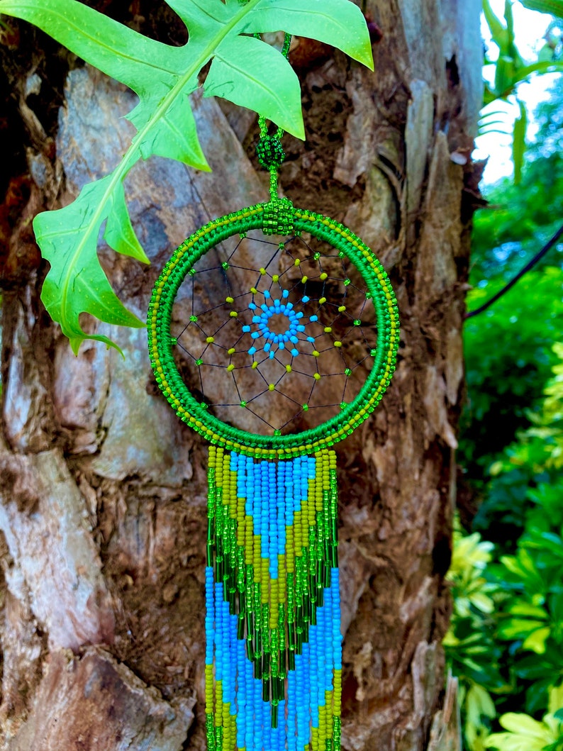 May include: A green and blue beaded dreamcatcher with a circular beaded frame and a long beaded fringe. The dreamcatcher is hanging from a tree branch.