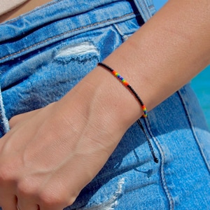 Black String Bracelet with Rainbow Seed Beads - Adjustable Waterproof Bracelet
