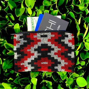 Handmade Beaded Wallet: Black & Red Coin Purse, Native Boho Pouch