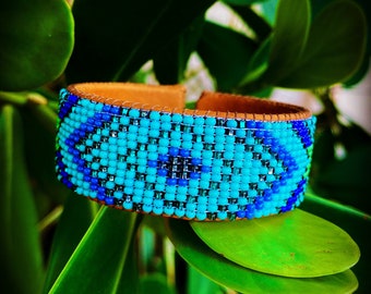 Native Turquoise Cuff Bracelet, Brown Leather Bangle, Beaded Cuff Bracelet, Indigenous Made Jewelry, Womens Bracelets, Stocking Stuffers