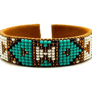Turquoise Native Cuff Bracelet: Western Style Seed Bead Leather Cuff