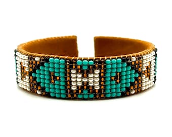 Turquoise Native Cuff Bracelet: Western Style Seed Bead Leather Cuff