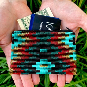 Turquoise Vintage Beaded Zipper Pouch: Handmade Coin Wallet, Gift Card Holder