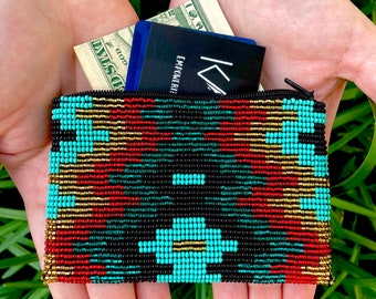 Monedero vintage turquesa con cremallera y cuentas: Monedero artesanal, tarjetero