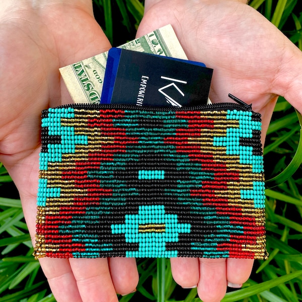 Vintage Beaded Coin Wallet, Small Medicine Zipper Pouch, Credit Card Gift Card Holder, Mini Makeup Bag, Gift for Her, Stocking Stuffer