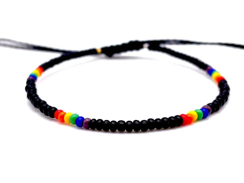 Black Ankle Bracelet, Rainbow Beaded Anklet, Waterproof Anklet, Mens & Womens Anklet, Wax String Anklet, Thin Surfer Anklet, Boho Anklets image 2