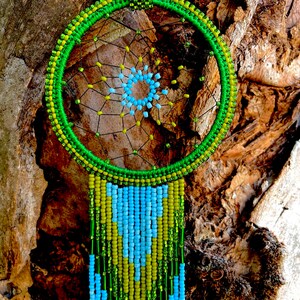 May include: A green and blue beaded dreamcatcher with a circular frame and a long beaded fringe. The dreamcatcher is hanging from a tree branch.