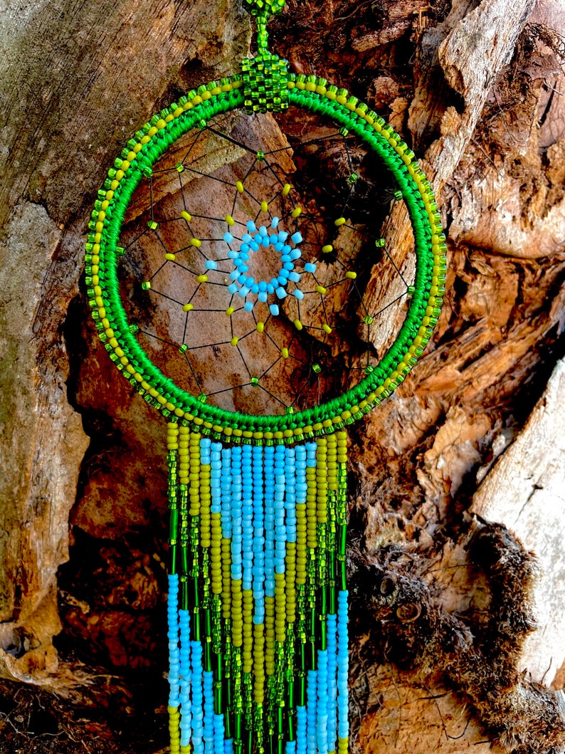 May include: A green and blue beaded dreamcatcher with a circular frame and a long beaded fringe. The dreamcatcher is hanging from a tree branch.