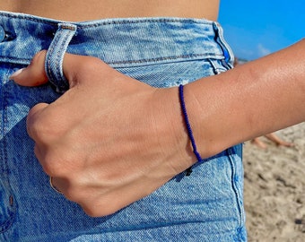 Dark Blue Seed Bead Surfer Bracelet: Waterproof Adjustable Boho Jewelry