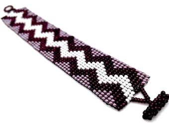 Purple Chevron Cuff Bracelet, Purple Beaded Bracelet, Handmade Beaded Bracelet, Cuff Bracelet