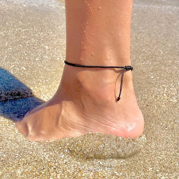 Black String Anklet, Black Beaded Ankle Bracelet, Surfer Anklet, Waterproof Anklet, Mens & Womens Anklet, Beach Anklet, Thin Wax String