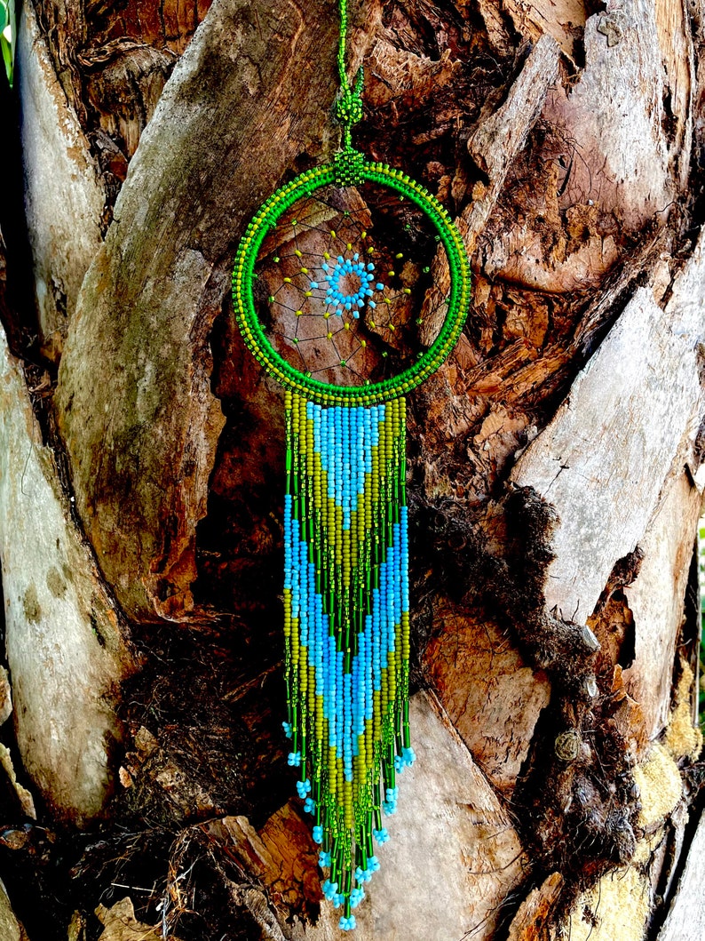 May include: A green and blue beaded dreamcatcher with a circular beaded frame and a long beaded fringe. The dreamcatcher is hanging from a tree trunk.