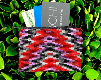 Red Handmade Beaded Coin Purse: Aztec Boho Zipper Pouch