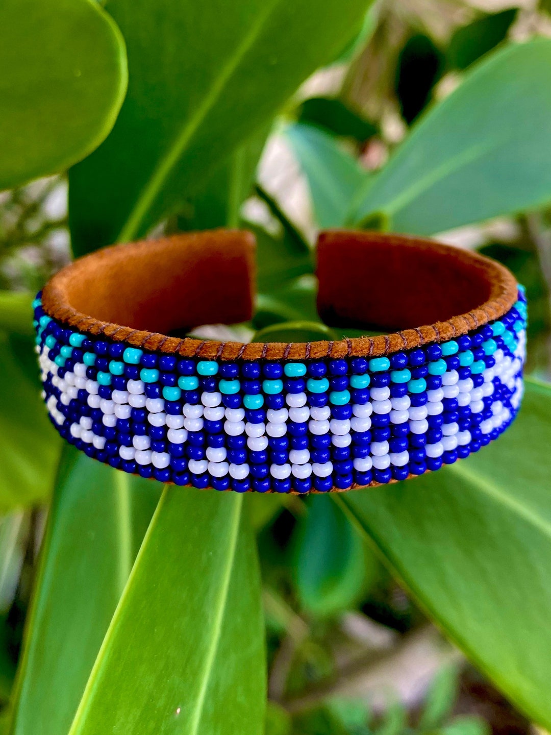Blue Cuff Bracelet, Turquoise Beaded Cuff, Leather Cuff, Indigenous