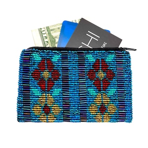 Blue Flower Beaded Pouch: Hand Beaded Small Change Purse