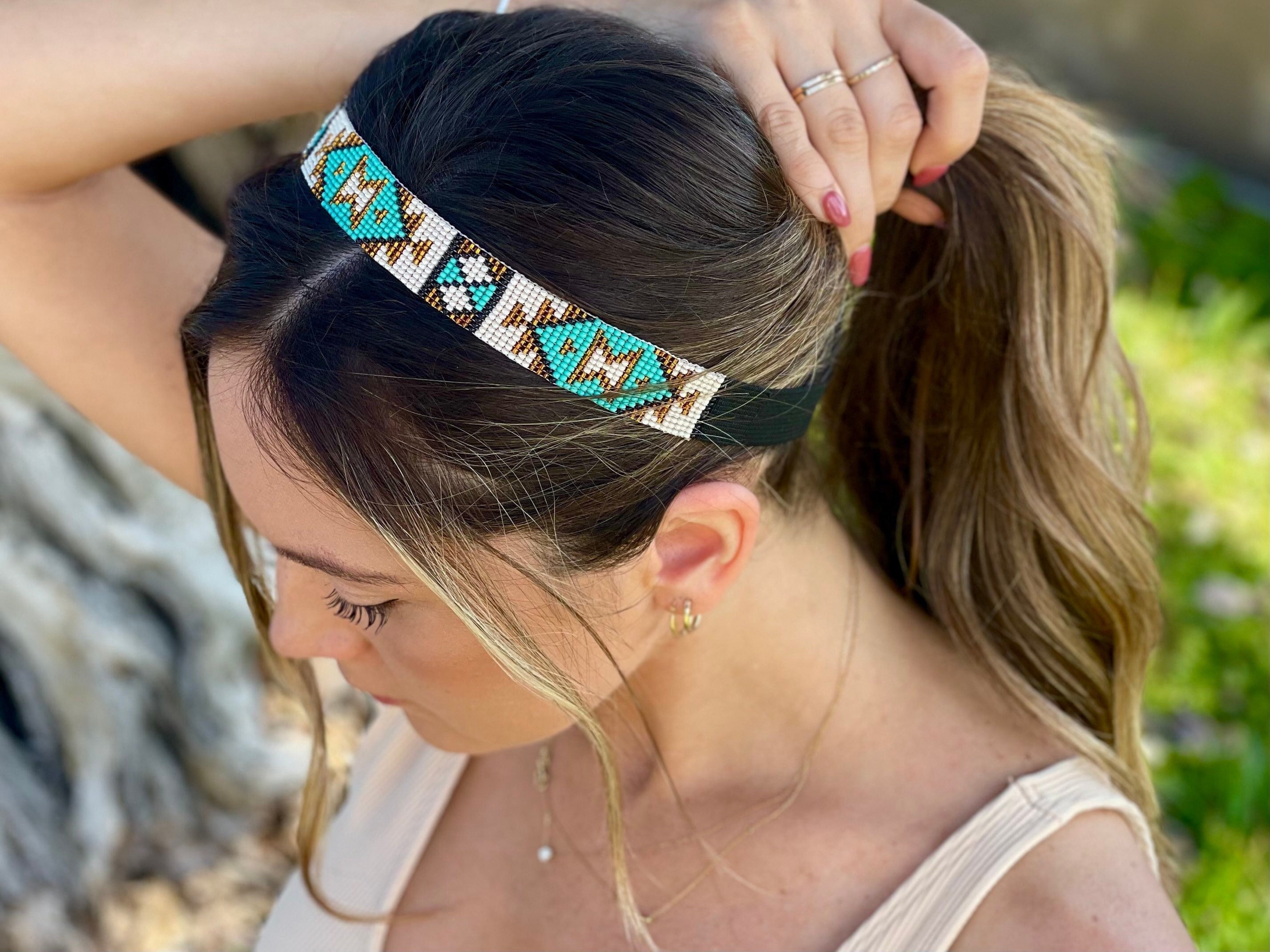 Turquoise Beaded Headband, Beaded Hair Accessory, Elastic Headband, Tribal  Pattern Headband, Womens Headband, White & Gold Headband - Etsy