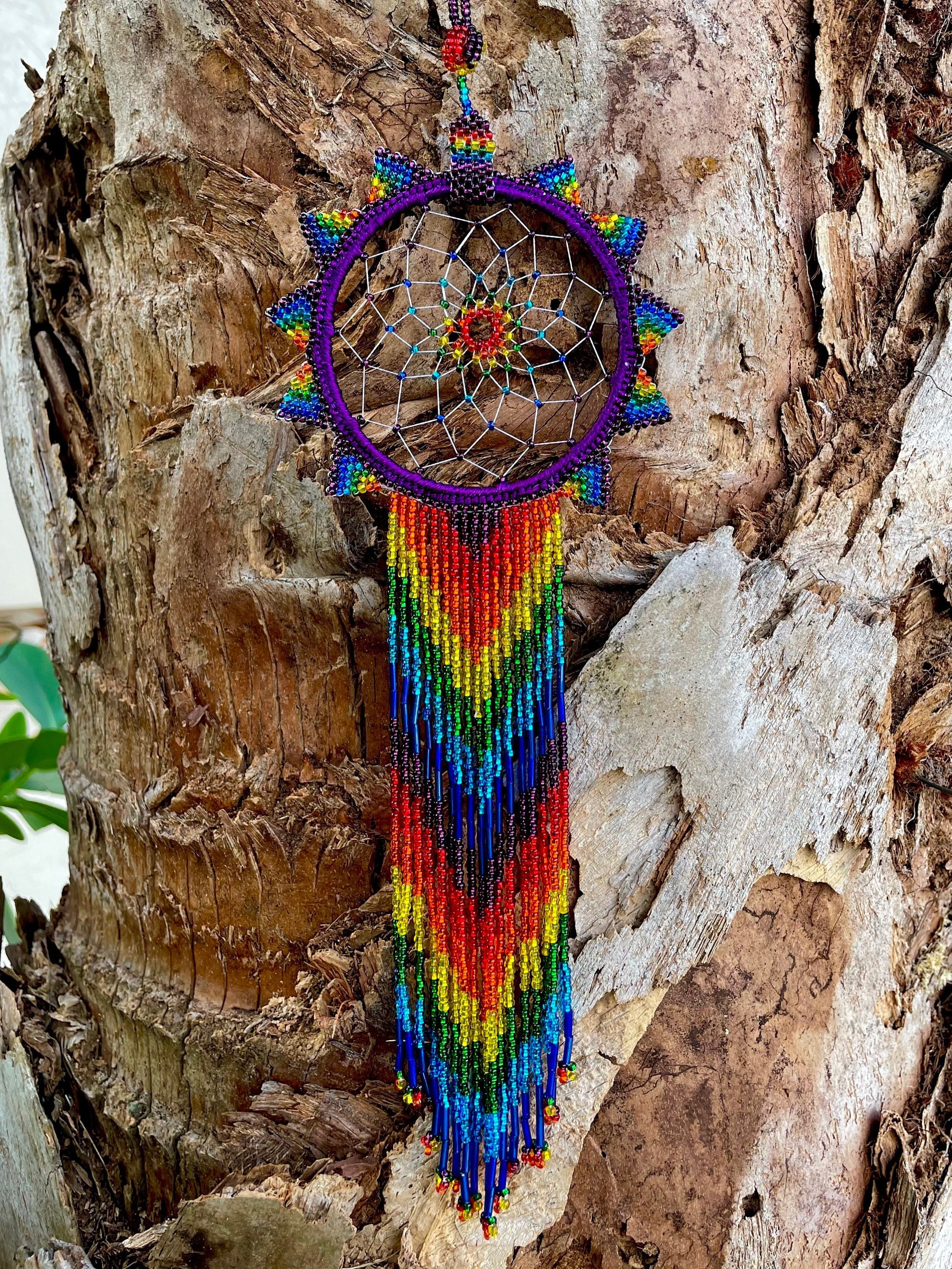 Rainbow Beaded Dreamcatcher: Purple Native Decor, LGBTQ+ Pride Car