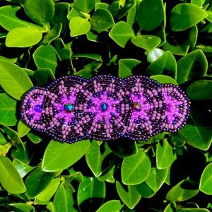 Beaded Hair Barrette Clip: Purple Glass Beads, Leather Back