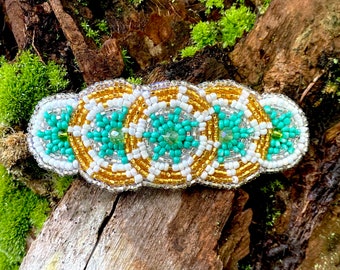 Vintage Beaded Hair On Hide Leather Barrette Floral Seed Bead Boho Native Beaded Boho Barrette, Native American Beaded Clip, Boho Hair  main image 4