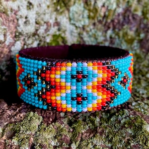 Turquoise Beaded Leather Cuff Bracelet: Western Aztec Style
