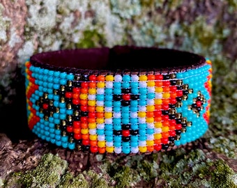 Turquoise Leather Cuff Bracelet - HandStitched Wide Cuff - Red Western Aztec Style Bracelet - One Size Fits All - Gift for Her