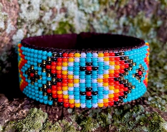 Turquoise Beaded Leather Cuff Bracelet: Western Aztec Style