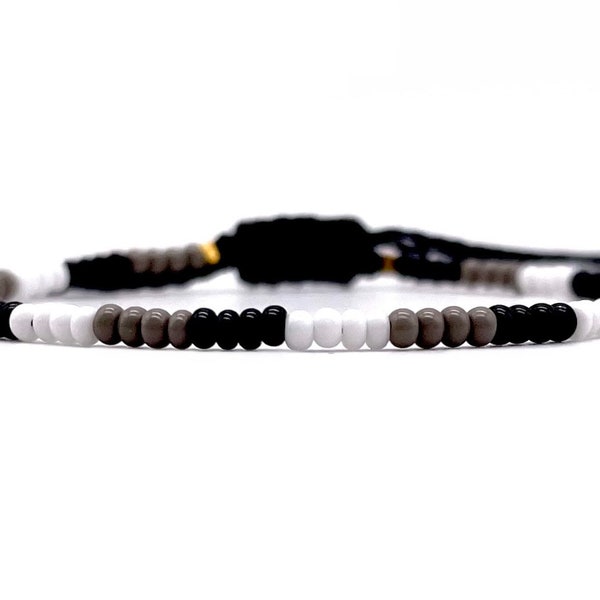 Black, White & Gray Minimalist Bracelet, Thin Beaded Bracelet, Sliding Knot Seed Bead Bracelet, Black String Bracelet, Surfer Bracelet