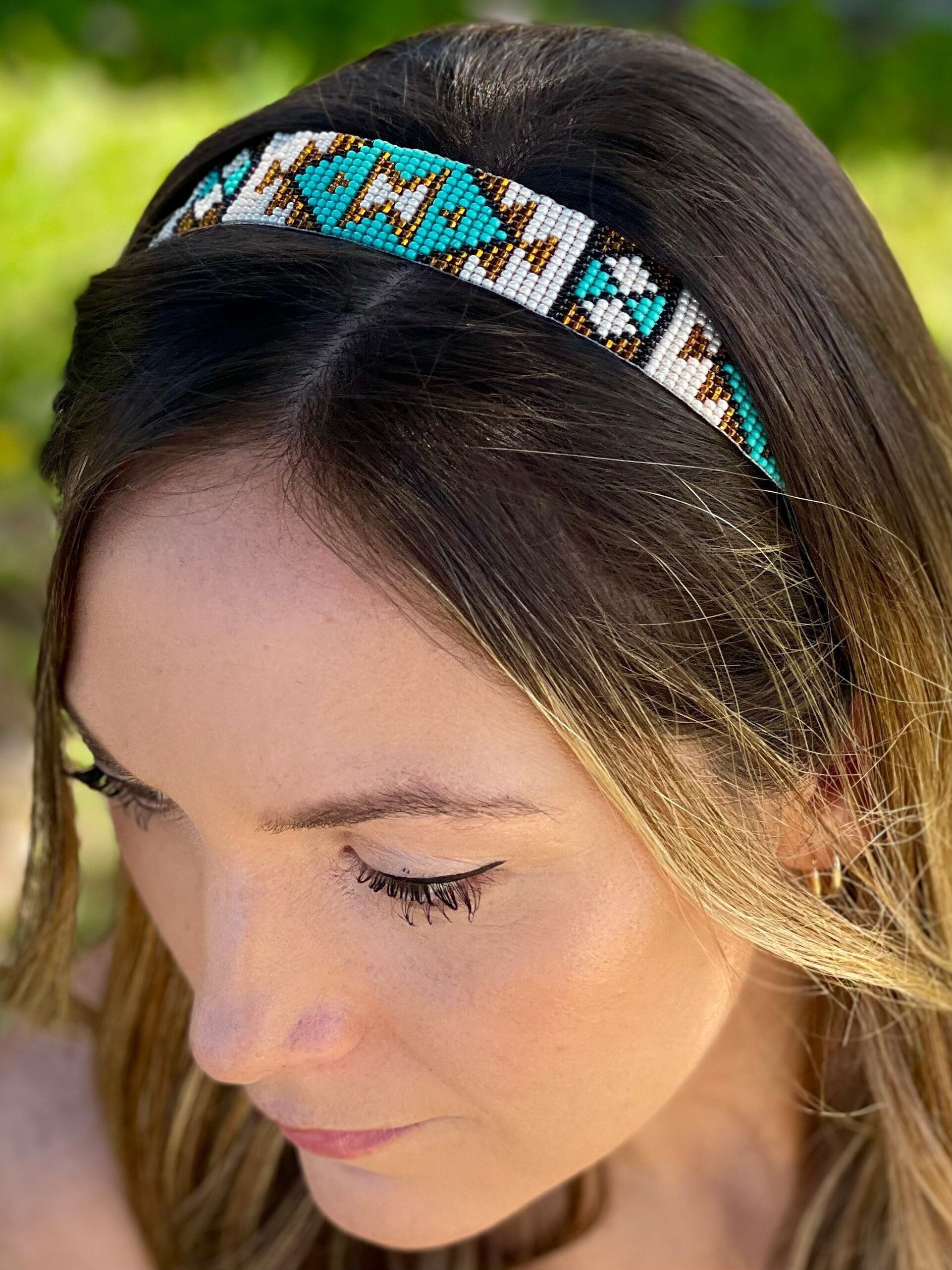 Headband, & - Beaded Headband, Headband, Gold Etsy Accessory, Hair White Headband Turquoise Beaded Headband, Tribal Elastic Pattern Womens