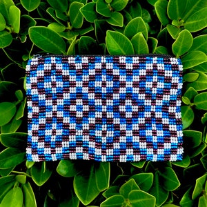 Blue Handmade Beaded Coin Purse: Small Zipper Pouch, Boho Style