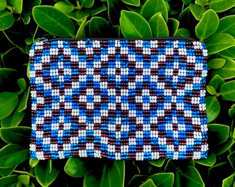 Blue Handmade Beaded Coin Purse: Small Zipper Pouch, Boho Style