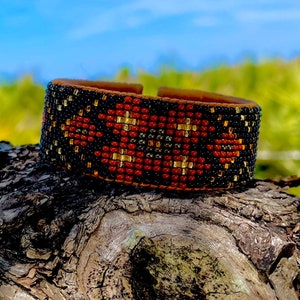 Brown & Gold Indigenous Handmade Beaded Leather Cuff Bracelet: Native Mayan Design