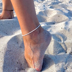 White Beaded Anklet, Adjustable Anklet Bracelet, Womens Anklet, Surfer Anklet, Wax String Anklets, Waterproof Jewelry for the Beach