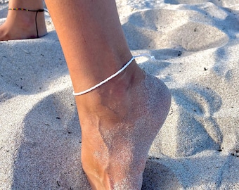 White Beaded Anklet: Adjustable Wax String Waterproof Beach Jewelry
