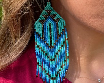 Turquoise Beaded Fringe Earrings: Native Made Boho Jewelry