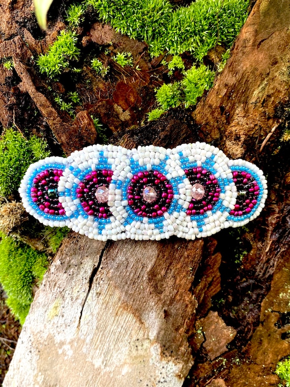 Gorgeous Vintage Beaded Barrette-Seed Beads-Red/Green/White-Leather Backing Vintage Seed Beaded Red Flower and Green Leaves Hair  main image 4