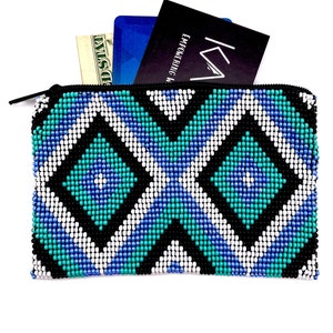 Handmade Beaded Coin Purse: Aqua Turquoise Small Wallet