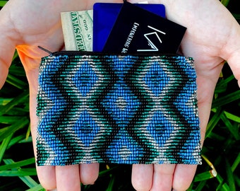 Handmade Blue Beaded Zipper Pouch, Minimalist Wallet, Change Purse, Coin Purse, Credit Card Holder, Gift for Her