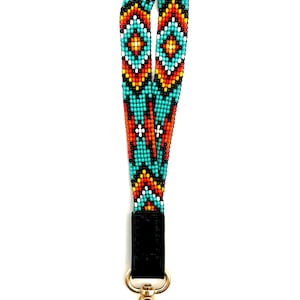 Turquoise Beaded Wristlet Keychain: Handmade Leather Loop