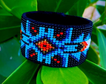 Native Black Cuff Bracelet, 1.25 Inch Wide Black Leather Bracelet, Indigenous Jewelry, Stackable Bangle Bracelet, Gift for Her