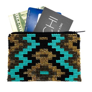 Handmade Seed Bead Zipper Pouch: Turquoise & Gold Aztec Coin Purse