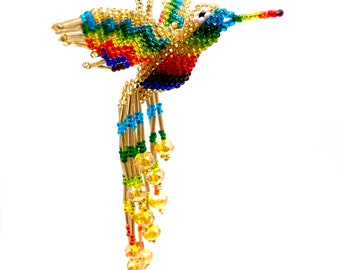 Gold Beaded Hummingbird Ornament: Mayan Handmade Rainbow Colibrí