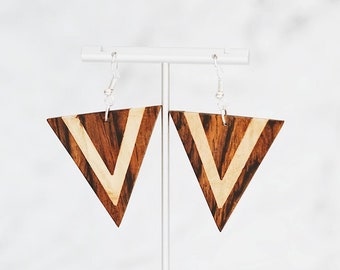 Large Dual-Tone Wood Triangle Earrings | Recycled and Reclaimed Hand-Carved Guatemalan Woodwork