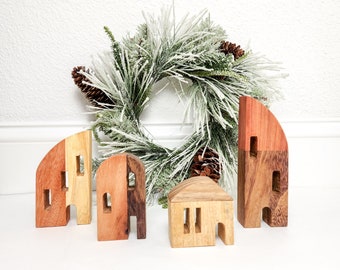 Set of 4 Reclaimed Wood Village | Reclaimed, Recycled, and Hand-Carved Wood Farmhouse Style Decorations for Holiday and Home