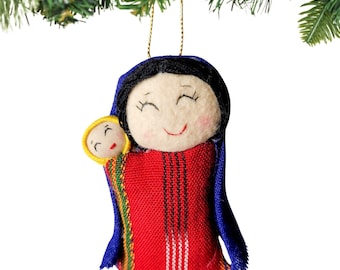 Handmade Mary and Jesus Christmas Ornament - Guatemalan Fabric
