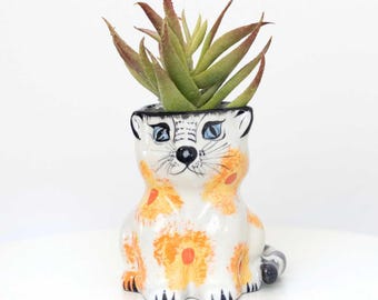Maceta de cerámica con forma de gatito pintada a mano: regalo para amantes de los gatos, comercio justo