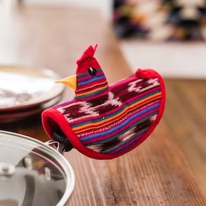 Chicken Pot Holder Traditional Guatemalan Fabric, Rustic Home & Kitchen Decor Red