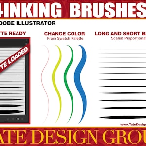 May include: Image of 24 Inking Brushes for Adobe Illustrator. The image shows a palette with brushes, color change options, and long and short brush examples. Text includes "Palette Loaded" and "Change Color From Swatch Palette."