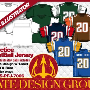 May include: A selection of practice football jersey designs in colours such as green, navy, brown, and blue. Each jersey displays the number 20. The image also includes a white t-shirt design and text that reads "Practice Football Jersey" and "TATE DESIGN GROUP."