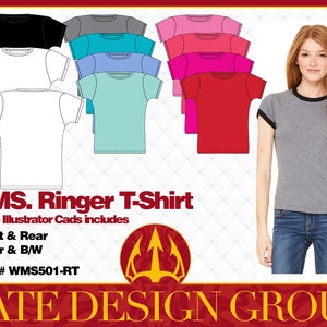Op de afbeelding: Een grijs ringer-t-shirt met zwarte bies wordt door een vrouw gedragen. De afbeelding toont ook een verscheidenheid aan ringer-t-shirts in verschillende kleuren, waaronder zwart, wit, grijs, blauwgroen, blauw, roze en rood. Tekst op de afbeelding luidt "WMS. Ringer T-Shirt".