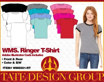 Women Ringer T-Shirt Illustrator Flat Sketches CAD Vector Templates